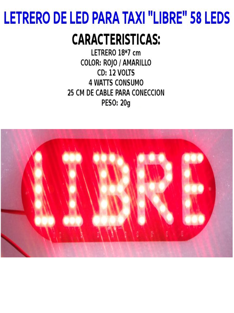 LETRERO PARA TAXI LED LIBRE ROJO