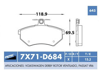 BALATA DELANTERO VW JETTA GL 96-98 DERBY 99-05 DICO VENT. M-7X71-ZD684